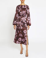 PARKER Fit and Flare Midi Dress with Lantern Sleeves in Floral Twill Crepe