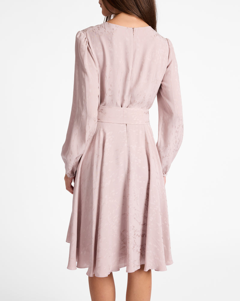ROVELA Long Sleeve Fit and Flared Dress in Tonal Floral Jacquard