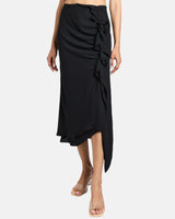 HARLEY Midi Skirt with Asymmetrical Ruffle in Fluid Crepe
