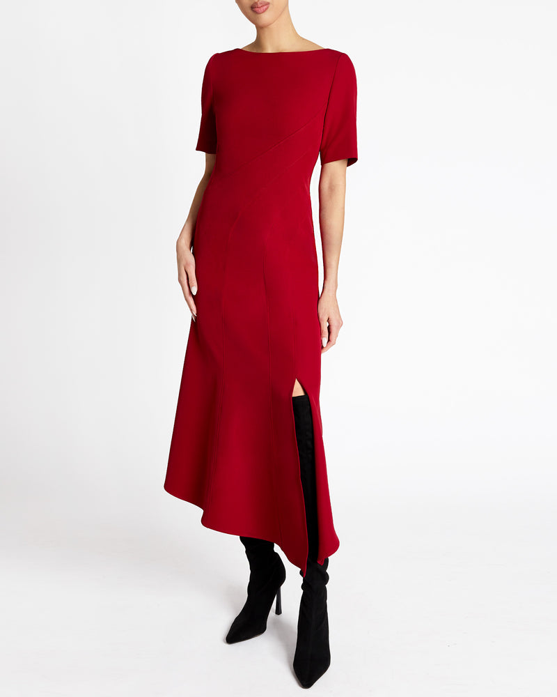 INEZ Short Sleeve Midi A Line Dress in Soft Stretch Crepe