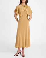 SABRINA Silk Short Sleeve Tie Neck Midi Dress