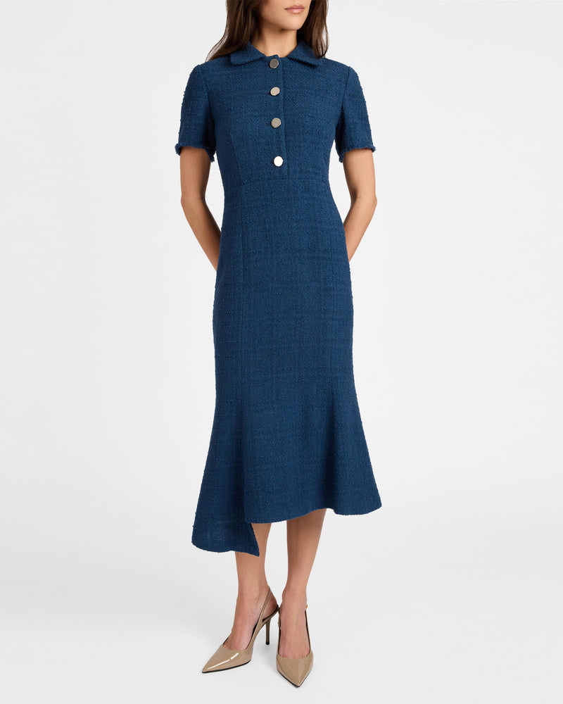 SAHARA Short Sleeve Asymmetric Midi Tweed Dress – Santorelli