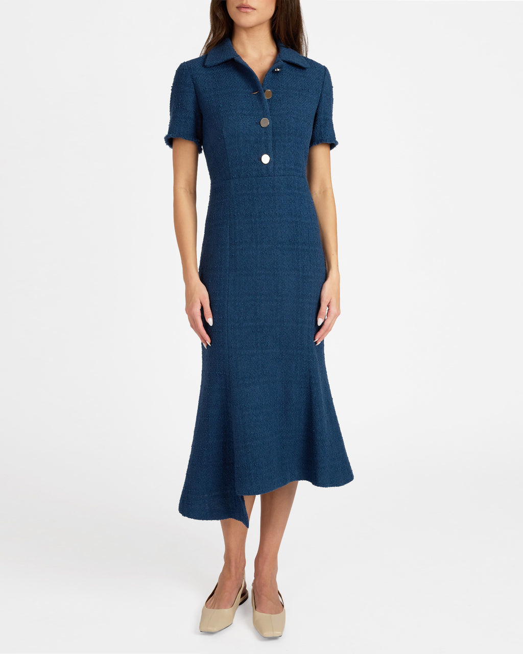 SAHARA Short Sleeve Asymmetric Midi Tweed Dress – Santorelli