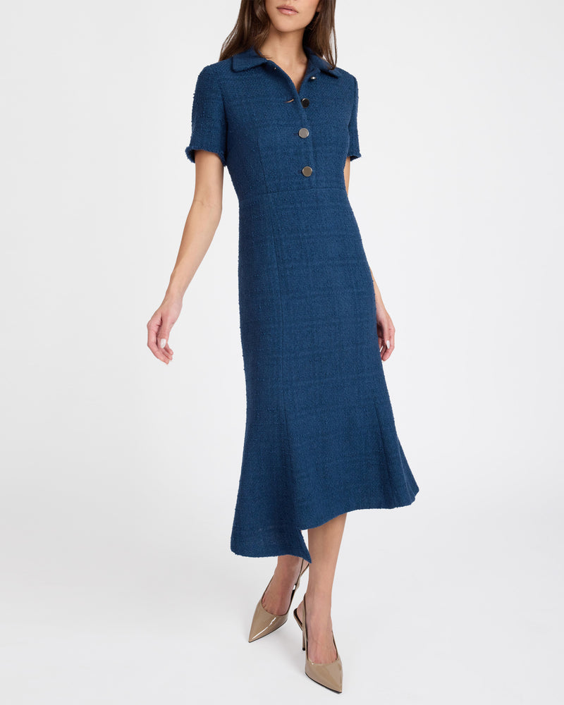 SAHARA Short Sleeve Asymmetric Midi Tweed Dress – Santorelli