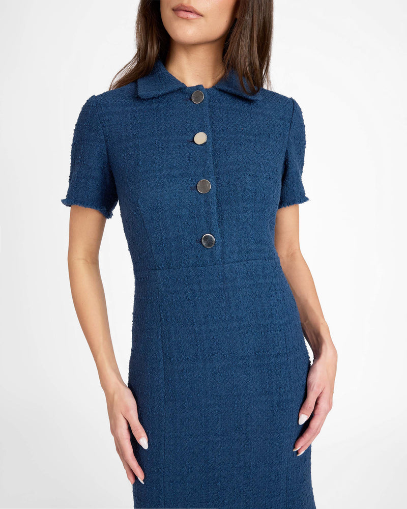 SAHARA Short Sleeve Asymmetric Midi Tweed Dress – Santorelli