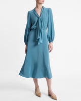 JENN Long Sleeve Silk Midi Tie-Neck Dress