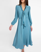 JENN Long Sleeve Silk Midi Tie-Neck Dress