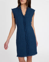 TUSCANY Sleeveless V-Neck Tweed Dress with Fringe Detail