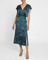 FARA Faux Wrap Midi Dress in Printed Crepe Georgette.