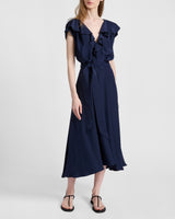 MANDY Ruffled Faux Wrap Silk Midi Dress