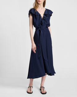 Santorelli Women's Mandy Ruffled Faux Wrap Silk Midi Dress - Blue - Size 6 Santorelli Women's Mandy Ruffled Faux Wrap Silk Midi Dress - Blue - Size 6