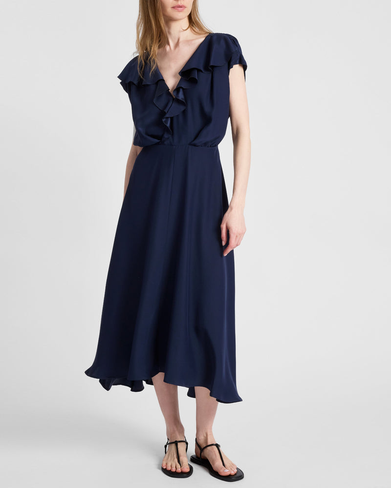 Santorelli Mandy Ruffled Faux Wrap Silk Midi Dress - Midnight