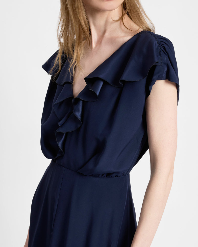 MANDY Ruffled Faux Wrap Silk Midi Dress – Santorelli