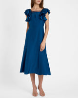 YEDA Fit and Flare Midi Dress in Silk Crepe de Chine