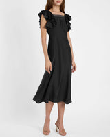 YEDA Fit and Flare Midi Dress in Silk Crepe de Chine