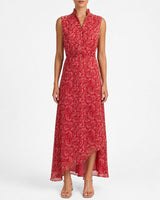 CARSON Sleeveless Hi-Lo Midi Dress in Printed Georgette