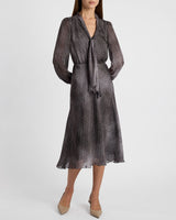 JENN Midi Dress with Drop Tie Neck in Micro-Dot Print