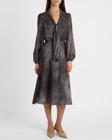 JENN Midi Dress with Drop Tie Neck in Micro-Dot Print
