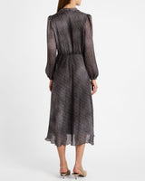 JENN Midi Dress with Drop Tie Neck in Micro-Dot Print