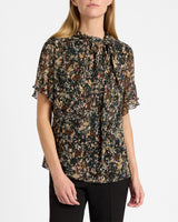 ATHENA Blouse with Short Flutter-Sleeves in Abstract Floral Print