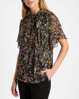 ATHENA Blouse with Short Flutter-Sleeves in Abstract Floral Print