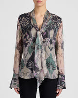 AMANDA Printed Silk Long Sleeve Tie Neck Blouse