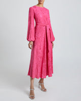CALLIE Long Sleeve Midi Dress in Fuchsia Tonal Jacquard