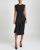 CAMI Sleeveless Sheath Dress with Ruffle Detail in Black Tweed