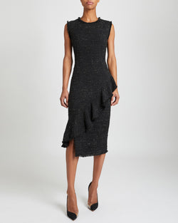 CAMI Sleeveless Sheath Dress with Ruffle Detail in Black Tweed