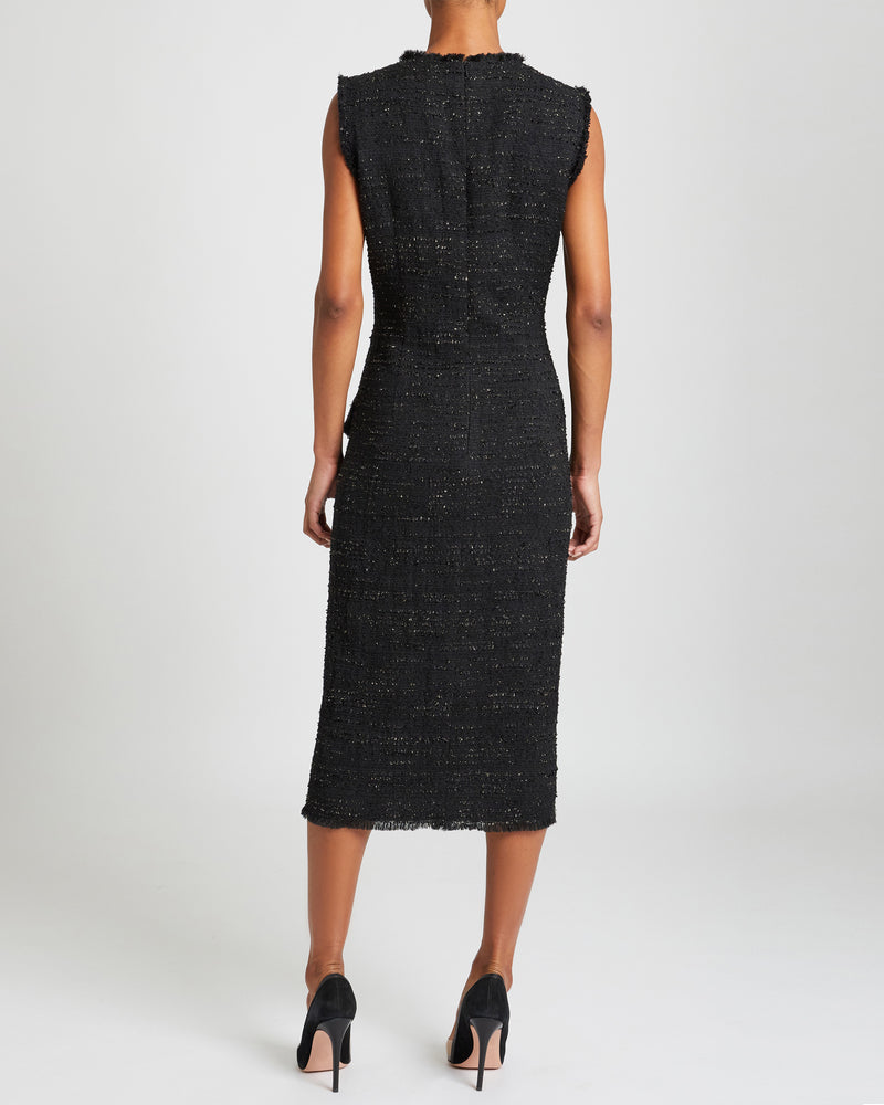 CAMI Sleeveless Sheath Dress with Ruffle Detail in Black Tweed