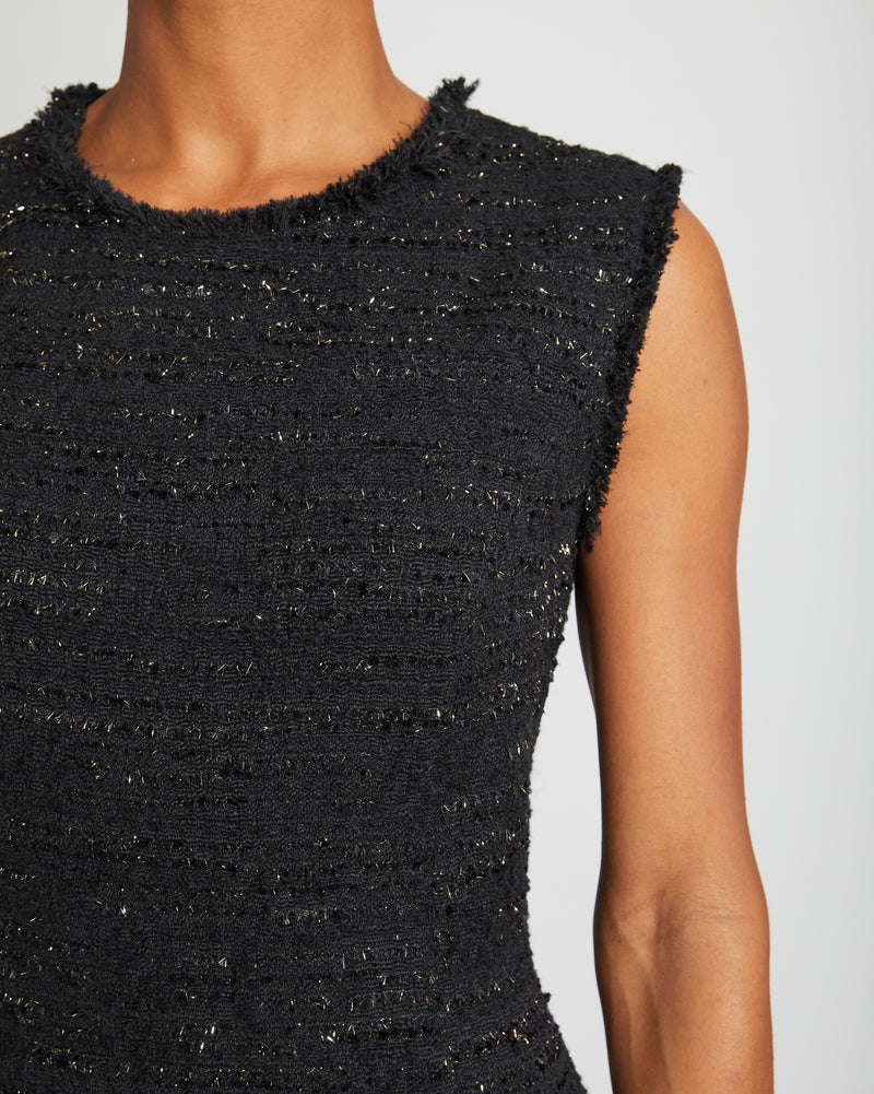 CAMI Sleeveless Sheath Dress with Ruffle Detail in Black Tweed
