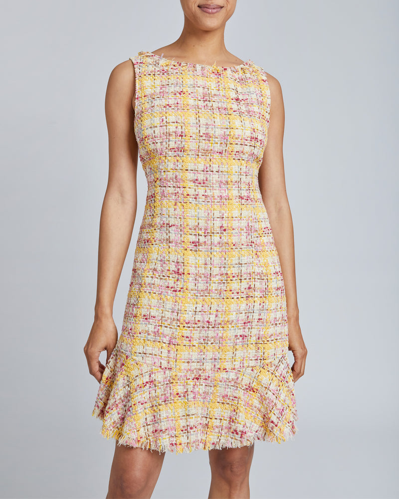 CELINE Sleeveless Tweed Sheath Dress with Ruffle Hem