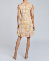 CELINE Sleeveless Tweed Sheath Dress with Ruffle Hem