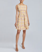 CELINE Sleeveless Tweed Sheath Dress with Ruffle Hem