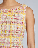 CELINE Sleeveless Tweed Sheath Dress with Ruffle Hem