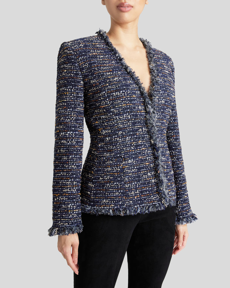 CYNTHIA Midnight Blue Tweed Jacket with Fringe Trim