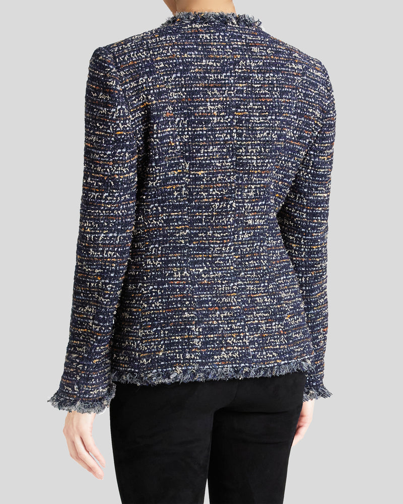 CYNTHIA Midnight Blue Tweed Jacket with Fringe Trim