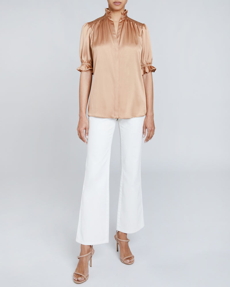 ELISA Ruffle Neck Short Sleeve Silk Blouse