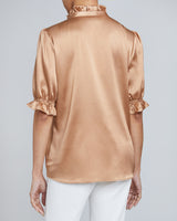 ELISA Ruffle Neck Short Sleeve Silk Blouse