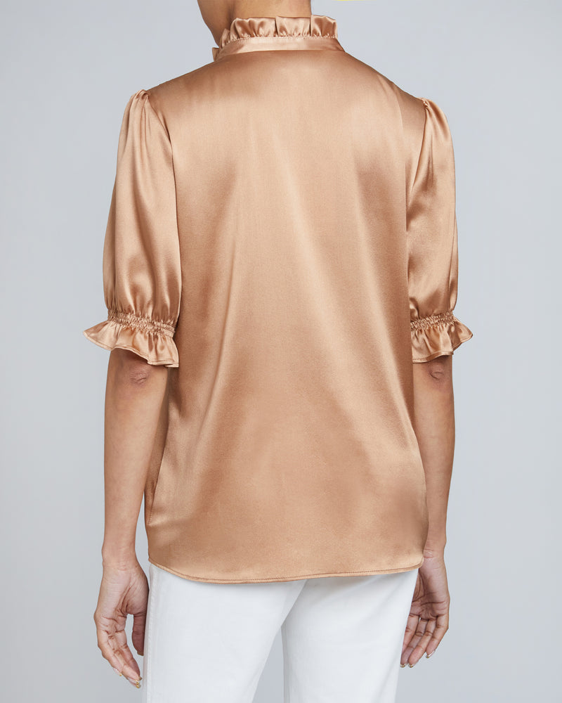 ELISA Ruffle Neck Short Sleeve Silk Blouse
