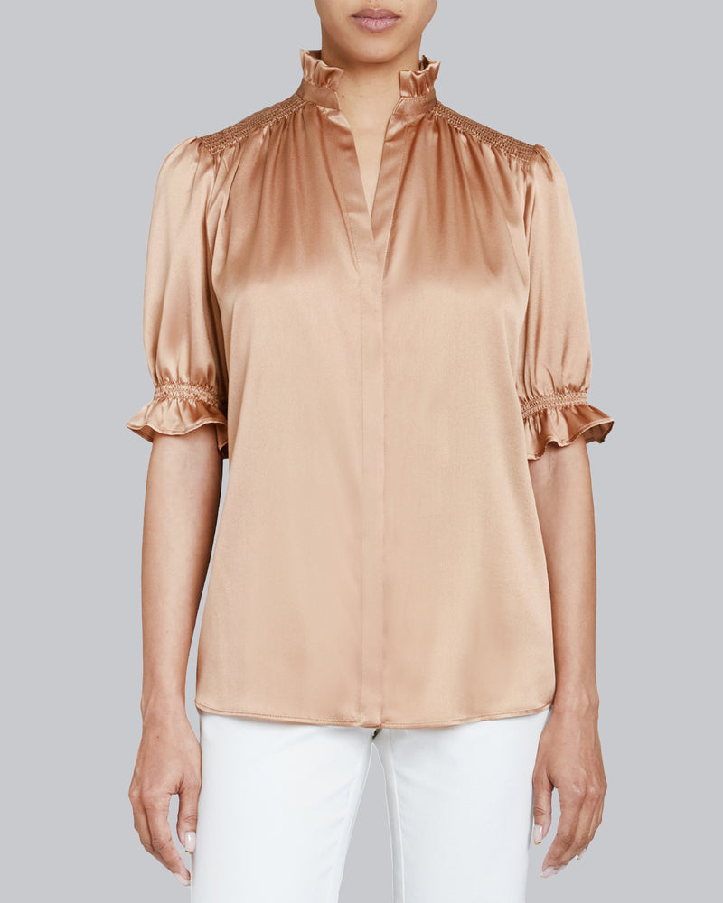 ELISA Ruffle Neck Short Sleeve Silk Blouse
