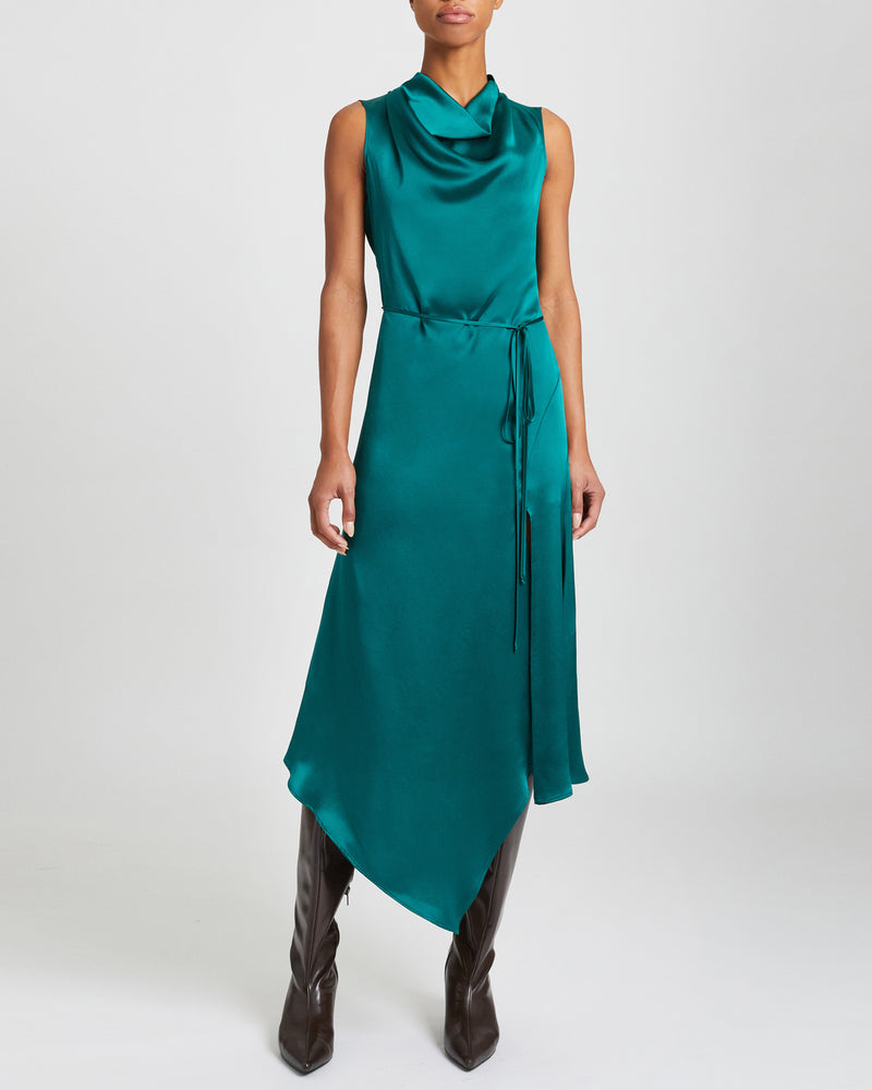 EMBER Silk Sleeveless Midi Handkerchief Dress with Cowl Neckline