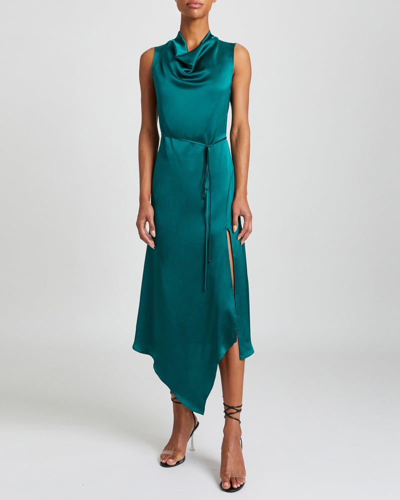 EMBER Silk Sleeveless Midi Handkerchief Dress with Cowl Neckline