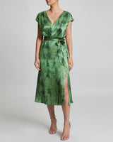 FARA Faux-Wrap Midi Dress in Silk Charmeuse