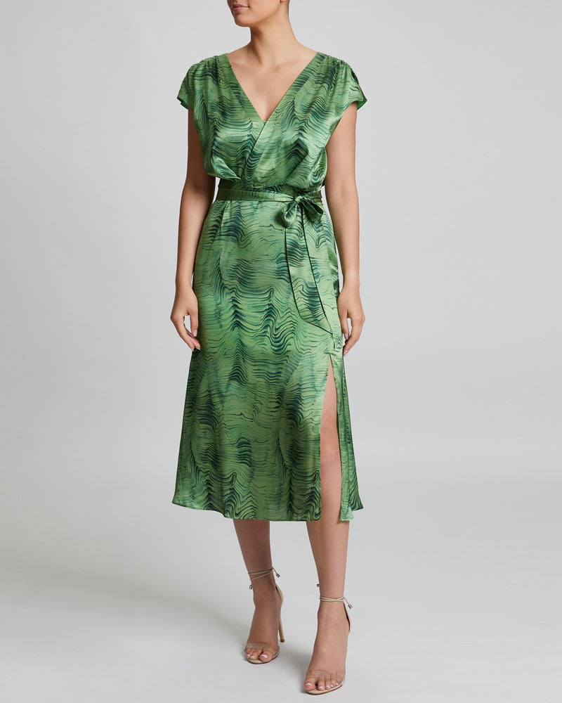 FARA Faux-Wrap Midi Dress in Silk Charmeuse
