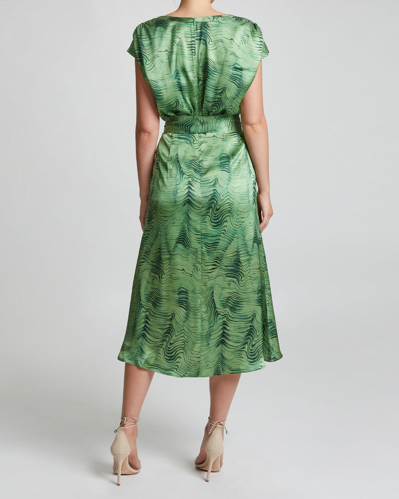 FARA Faux-Wrap Midi Dress in Silk Charmeuse