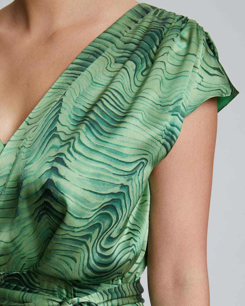 FARA Faux-Wrap Midi Dress in Silk Charmeuse
