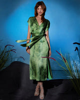 FARA Faux-Wrap Midi Dress in Silk Charmeuse