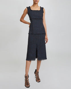 FAYE Sleeveless Sheath Dress in Blue-Black Basket Weave