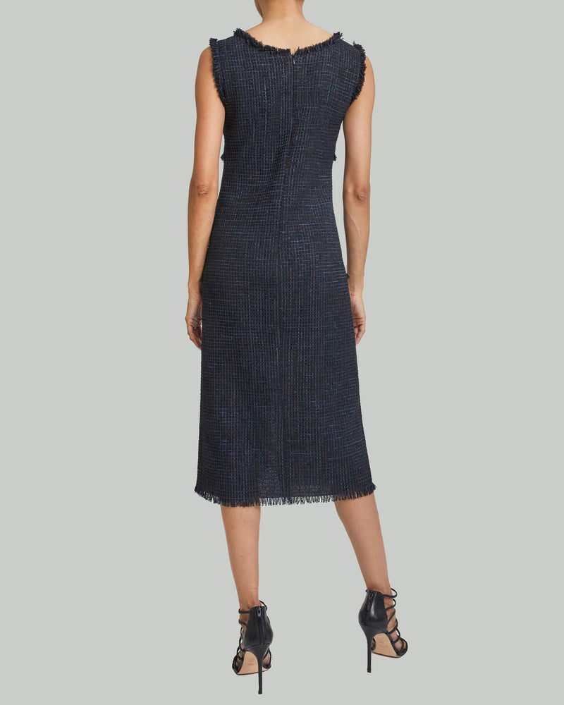 FAYE Sleeveless Sheath Dress in Blue-Black Basket Weave